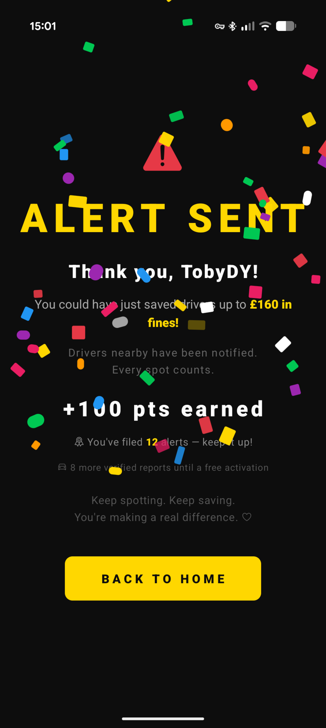 Alert sent celebration screen